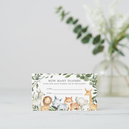 サファリ動物の赤ちゃんシャワーいくつオムツを推測 エンクロージャーカード (スタンド正面)