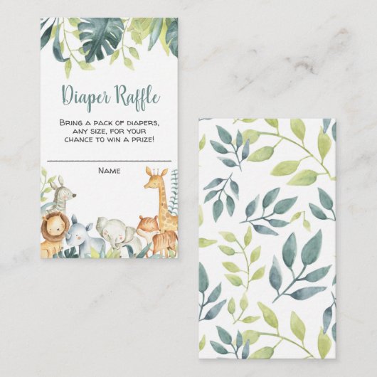 サファリ動物の赤ちゃんシャワーおむつラッフルカード エンクロージャーカード (正面/裏面)