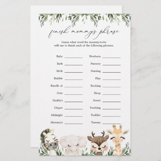 サファリ動物の赤ちゃんシャワーがママのフレーズを終える (正面/裏面)