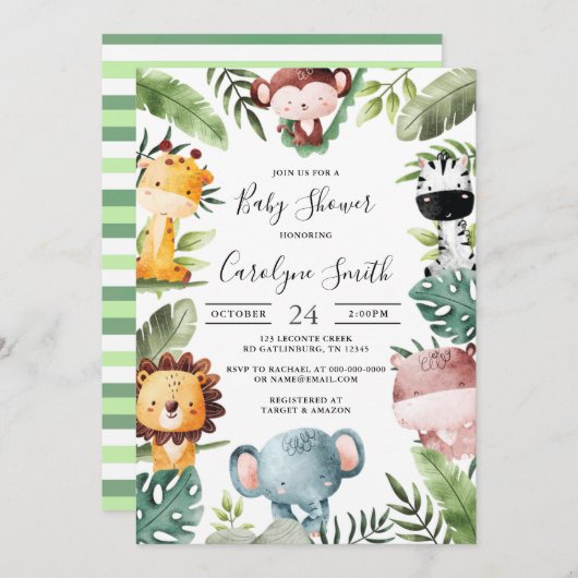 サファリ動物の赤ちゃんシャワーの招待状 招待状 (正面/裏面)