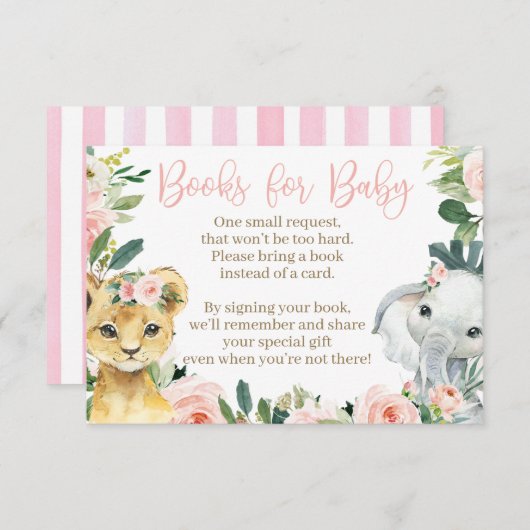 サファリ動物の赤ちゃんシャワーブックカードfor a girl エンクロージャーカード (正面/裏面)