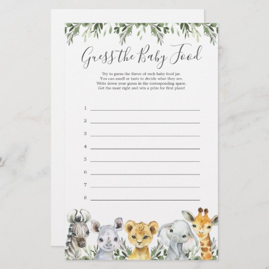 サファリ動物の赤ちゃんシャワーベビー食品を推測 (正面/裏面)