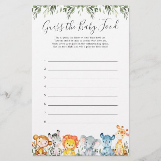 サファリ動物の赤ちゃんシャワーベビー食品を推測 (正面)