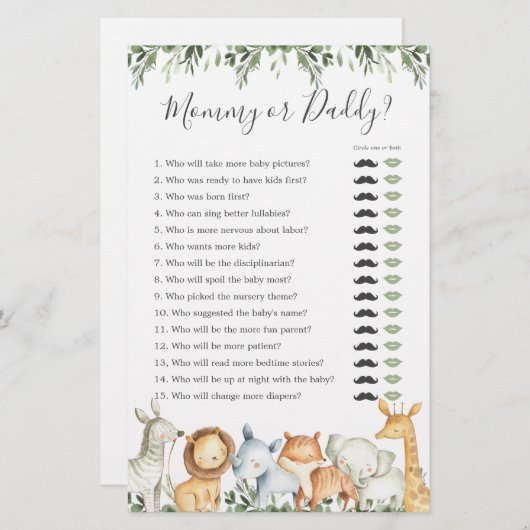 サファリ動物の赤ちゃんシャワーママまたはパパのゲーム (正面/裏面)