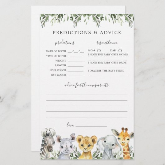 サファリ動物の赤ちゃんシャワー予測とアドバイス (正面/裏面)