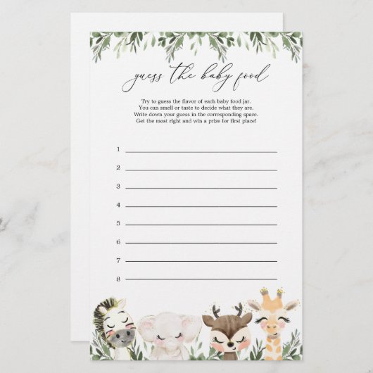 サファリ動物の赤ちゃんシャワー推測ベビー食品ゲーム (正面/裏面)