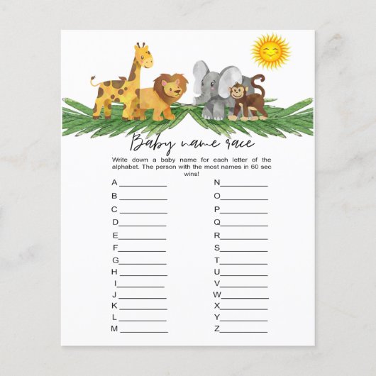 サファリ動物の赤ん坊の名前ベビーシャワーゲーム (正面)