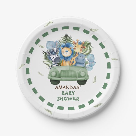 サファリ動物の車の男の子のシャワー ペーパープレート (正面)