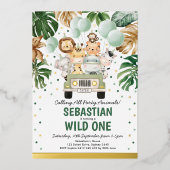 サファリ動物の風船ワイルドワンバースデーパーティー 箔招待状 (正面)