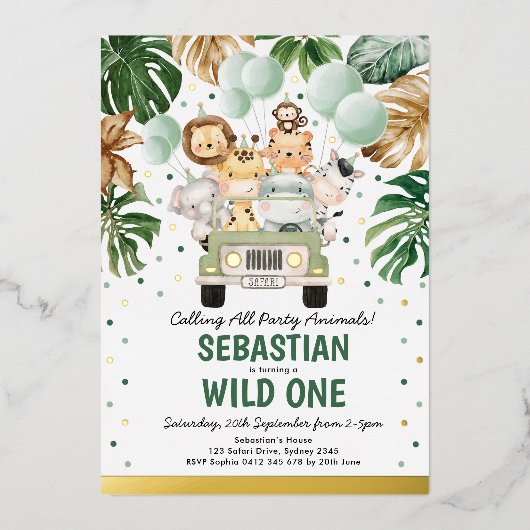 サファリ動物の風船ワイルドワンバースデーパーティー 箔招待状 (正面)