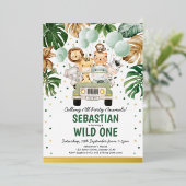 サファリ動物の風船ワイルドワンバースデーパーティー 箔招待状 (立ち正面)