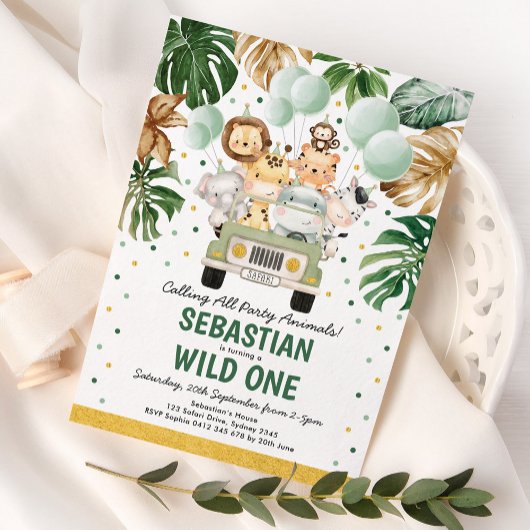 サファリ動物の風船ワイルドワンバースデーパーティー 箔招待状