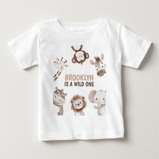 サファリ動物の1歳の誕生日 ベビーTシャツ (正面)