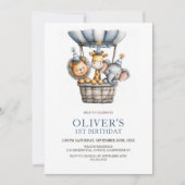 サファリ動物の1歳誕生日パーティー招待状 招待状 (正面)