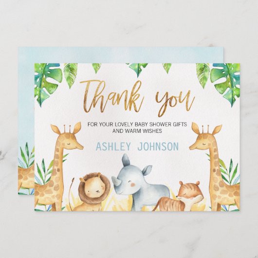 サファリ動物はベビーシャワーカード感謝していしています サンキューカード (正面/裏面)
