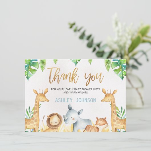 サファリ動物はベビーシャワーカード感謝していしています サンキューカード (スタンド正面)