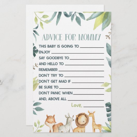 サファリ動物アドバイスベビーシャワーゲーム 便箋 (正面/裏面)