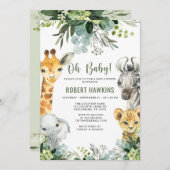 サファリ動物オベビー緑ジャングルベビーシャワー 招待状 (正面/裏面)