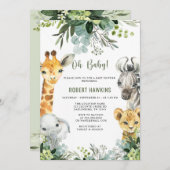 サファリ動物オベビー緑ジャングルベビーシャワー 招待状 (正面/裏面)