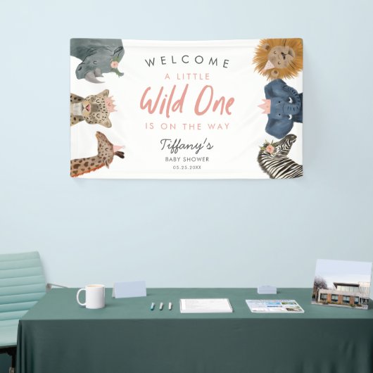 サファリ動物ガールベビーシャワーウェルカムバナー 横断幕 (トレードショー)