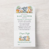 サファリ動物グリーンベビーシャワーとラッフル オールインワン招待状 (内側)