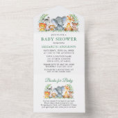 サファリ動物グリーンベビーシャワーと本 オールインワン招待状 (内側)