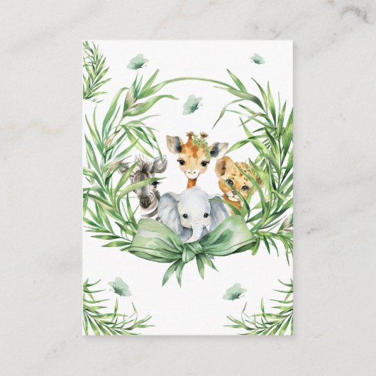 サファリ動物グリーンボウ赤ちゃんシャワーおむつラッフル エンクロージャーカード (裏面)