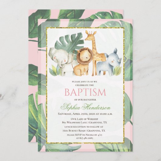 サファリ動物ジャングルアニマルバプテスマ招待状 招待状 (正面/裏面)