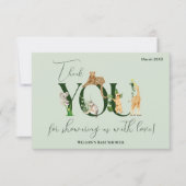 サファリ動物ジャングルグリーンボーイ赤ちゃんシャワー サンキューカード (正面)