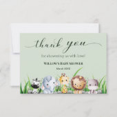 サファリ動物ジャングルグリーンボーイ赤ちゃんシャワー サンキューカード (正面)