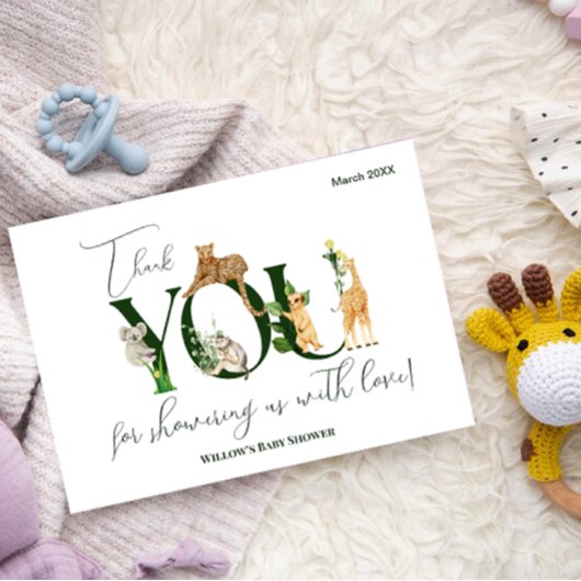 サファリ動物ジャングルグリーンボーイ赤ちゃんシャワー サンキューカード