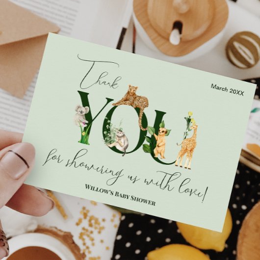 サファリ動物ジャングルグリーンボーイ赤ちゃんシャワー サンキューカード