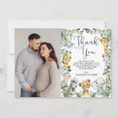 サファリ動物ジャングル緑の赤ちゃんにシャワー写真 サンキューカード (正面)