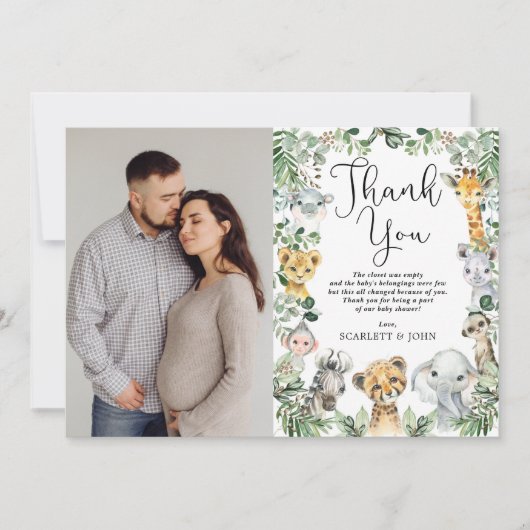 サファリ動物ジャングル緑の赤ちゃんにシャワー写真 サンキューカード (正面)