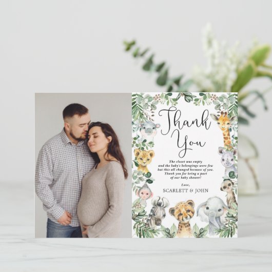 サファリ動物ジャングル緑の赤ちゃんにシャワー写真 サンキューカード (スタンド正面)
