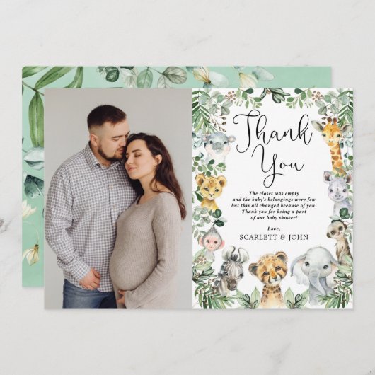 サファリ動物ジャングル緑の赤ちゃんにシャワー写真 サンキューカード (正面/裏面)