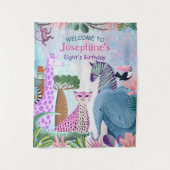 サファリ動物ジャングル誕生日水彩ガール タペストリー (正面)