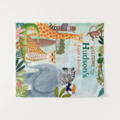 サファリ動物ジャングル誕生日水彩子供 タペストリー (正面(横))