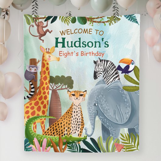 サファリ動物ジャングル誕生日水彩子供 タペストリー