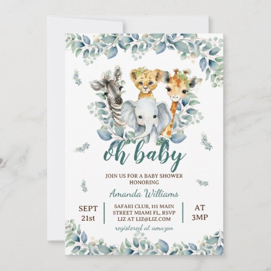 サファリ動物セージ緑の赤ちゃんシャワー 招待状 (正面)