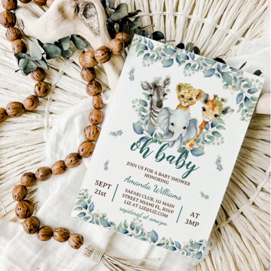 サファリ動物セージ緑の赤ちゃんシャワー 招待状