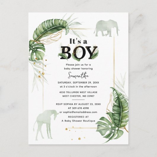 サファリ動物ゾウ男の子のシャワー インビテーションポストカード (正面)