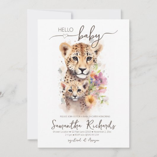 サファリ動物チータフローラママ赤ちゃんシャワー 招待状 (正面)