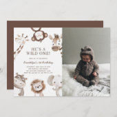 サファリ動物テーマの写真付き1歳誕生日 招待状 (正面/裏面)