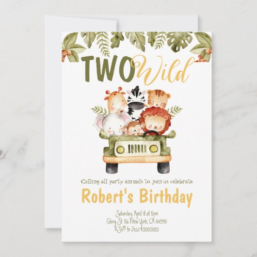 サファリ動物トラックツーワイルド誕生日招待状 招待状 (正面)