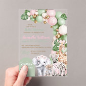サファリ動物トロピカルグリーンピンクベビーガールシャワー アクリル招待状 (インサイチュ (ポータブル))