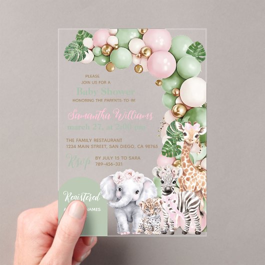 サファリ動物トロピカルグリーンピンクベビーガールシャワー アクリル招待状 (インサイチュ (ポータブル))