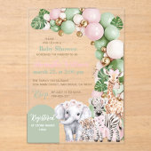 サファリ動物トロピカルグリーンピンクベビーガールシャワー アクリル招待状 (正面)