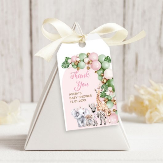 サファリ動物トロピカルグリーンピンクベビーガールシャワー ギフトタグ