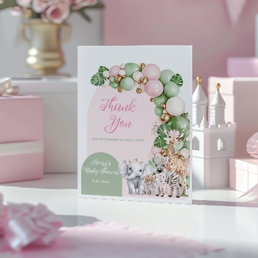 サファリ動物トロピカルグリーンピンクベビーガールシャワー サンキューカード